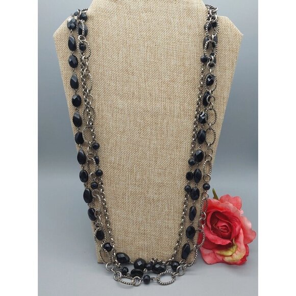 Silver Tone & Black Bead Twisted Multi Chain Statement Necklace Layer Adjustable - Picture 3 of 10